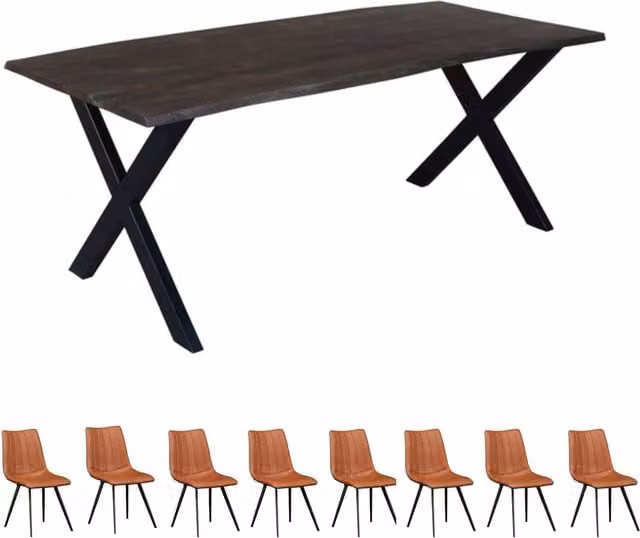 IH Design Live Edge Acacia Wood and Metal Rectangular Dining Table Set with 8 Chairs in Grey and Brown