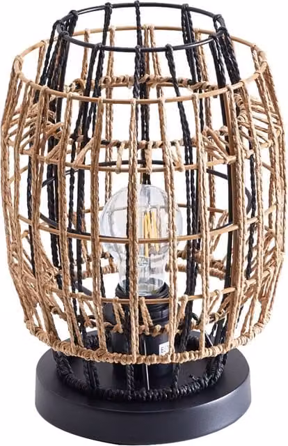 Lifeideas Boho Table Lamp with Hand Woven Hemp Rope and Rattan Cylinder Lampshade in Black and Brown