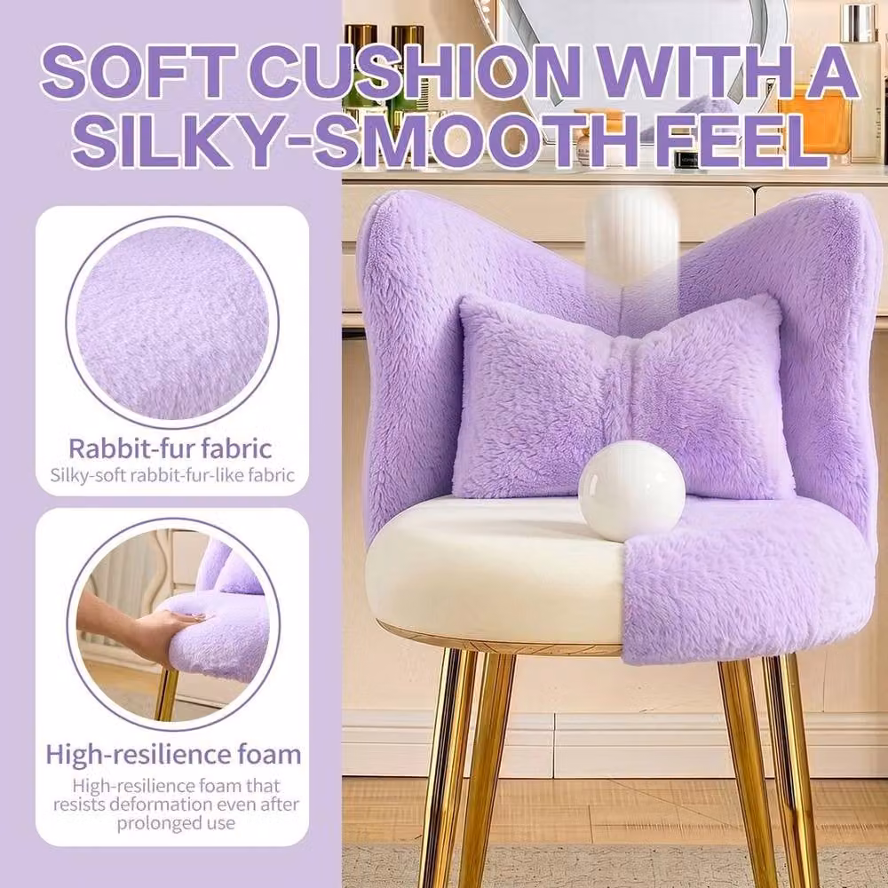 KORVIXA Purple Plush Upholstered Dressing Table Stool with Metal Frame – 2