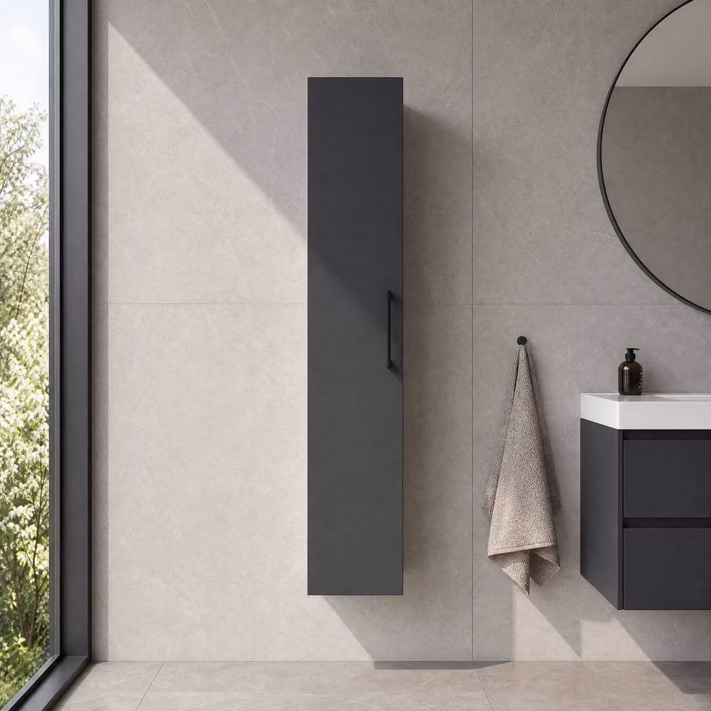 Balterley Modern Wall Hung 1 Door Tall Bathroom Storage Unit in Matt Satin Dark Grey with Black Handle, H x W x D: 143.3 x 30.0 x 23.5 cm – 2