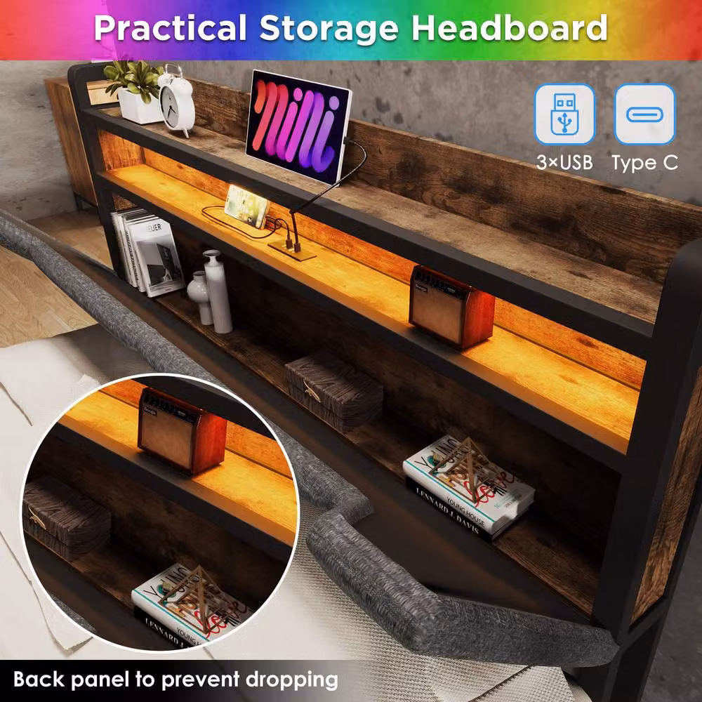 BTM Grey Linen Bed with LED Headboard, USB Charging Ports and Storage Drawers, W/D/H: 140 x 200 x 110 cm – 4