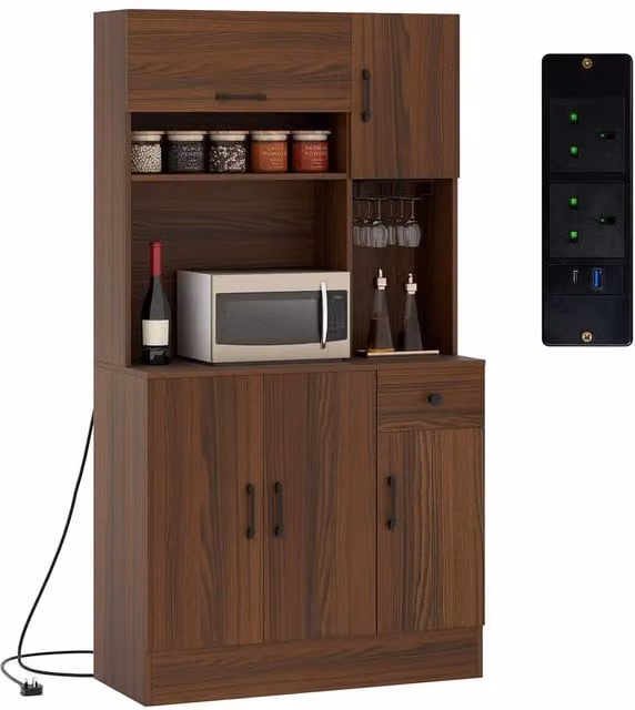 Gymax Tall Pantry Kitchen Storage Cabinet with Power Outlets in Walnut