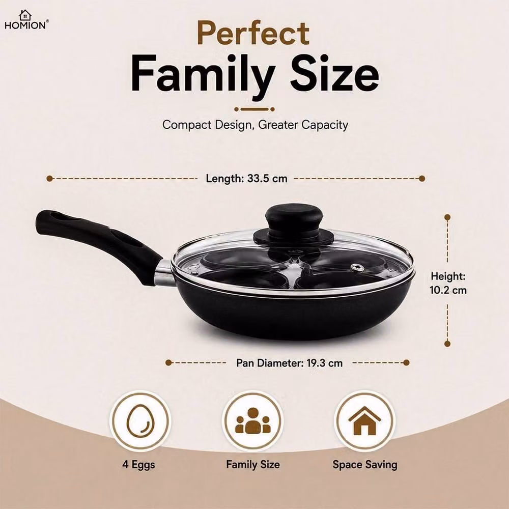 FLAVORA 4 Cup Non Stick Egg Poacher Pan with Glass Lid, Black, W/D/H: 100 x 15 x 15 cm – 2