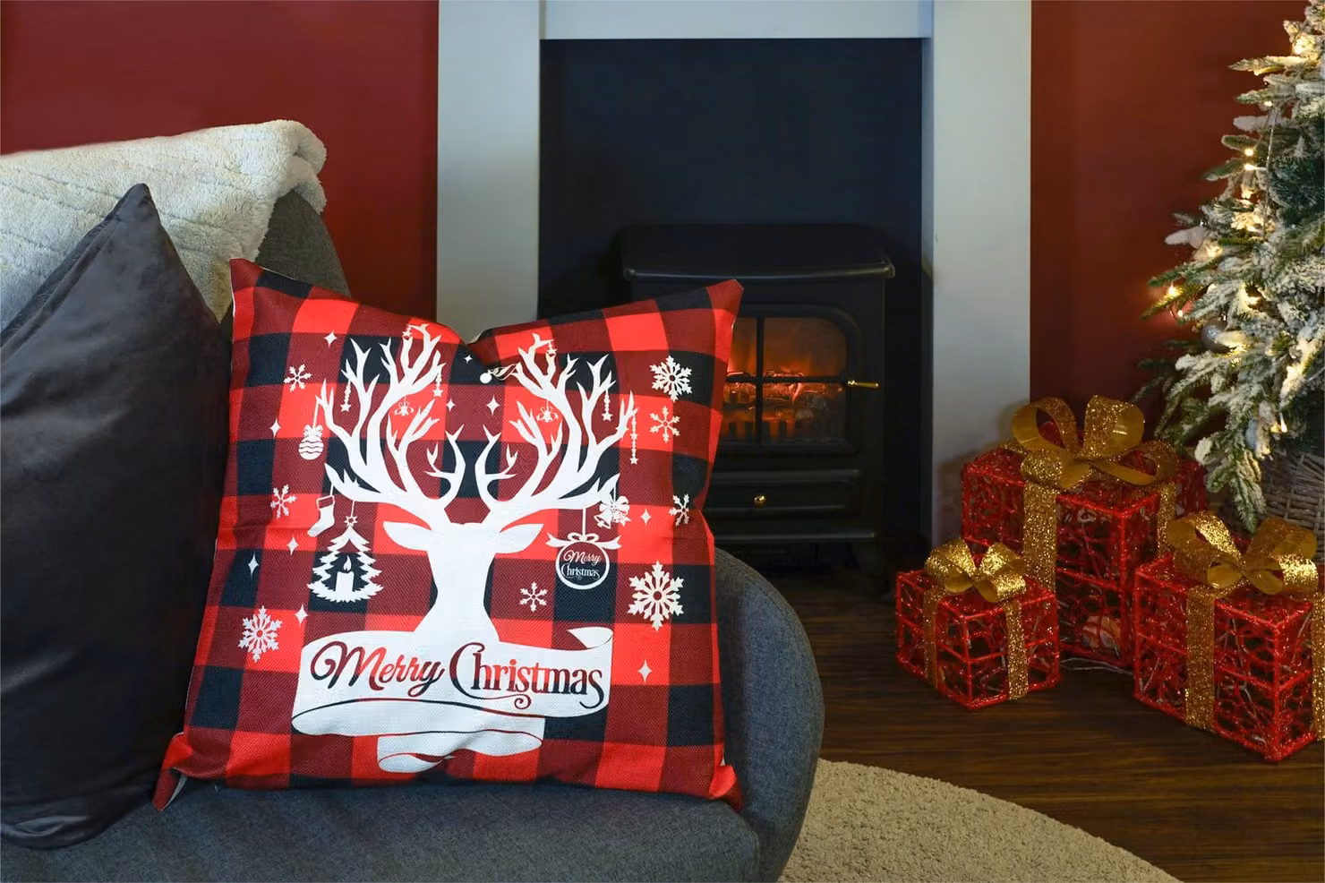 Netagon Red Christmas Themed Square Cushion with Washable Linen Cover and Hollow Fibre Filling, W/D/H: 45 x 45 x 45 cm – 5