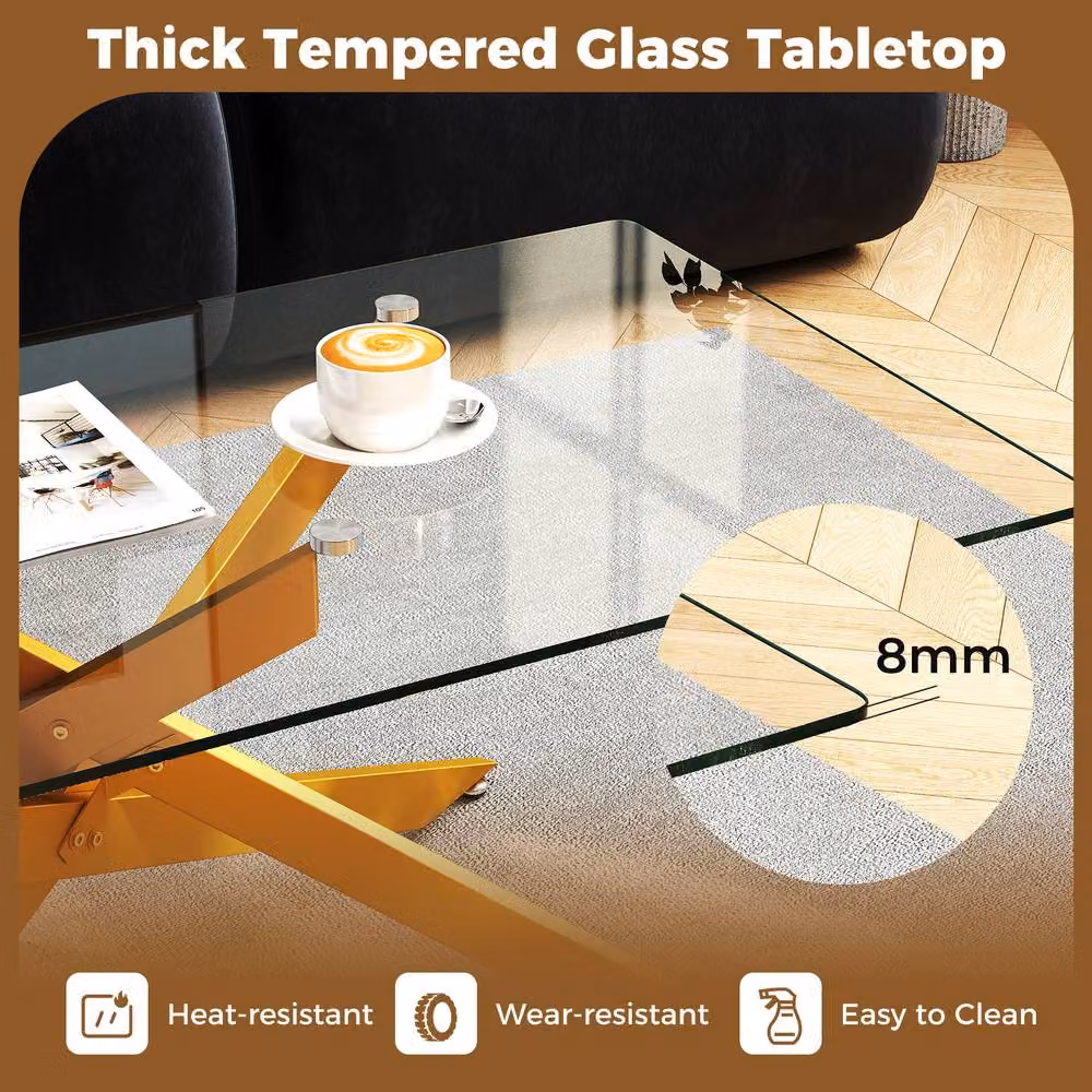 Costway Modern Rectangular Glass Coffee Table with Gold Metal Frame – 2