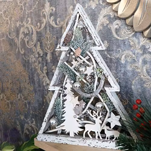SHATCHI Rustic Wooden Christmas Tree Frame Tabletop Centrepiece with Warm White LED Lights, Pinecones and Baubles in Brown, Silver and White, Height: 43 cm – 4