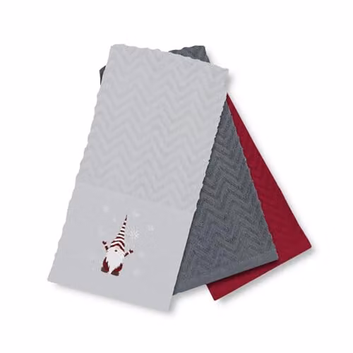 Velosso 3 Pack Christmas Tea Towel Set with Let It Sgnome Graphic Design, Absorbent Cotton Kitchen Towels in Green, Red, Grey and White