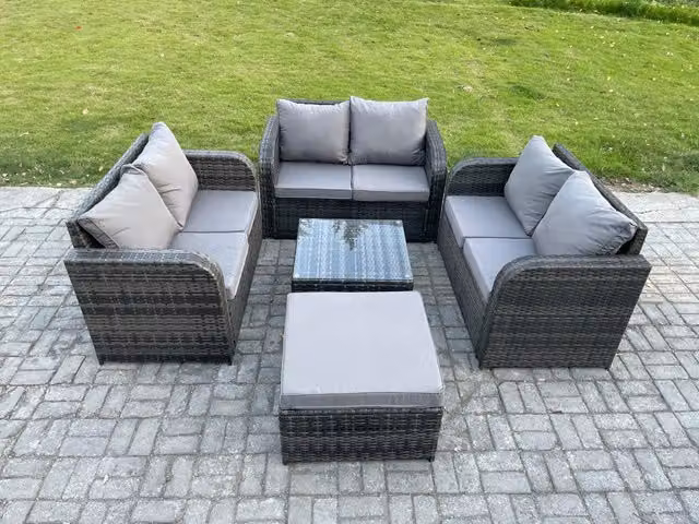 Fimous 7 Seater Dark Grey Wicker Rattan Garden Furniture Set with Upholstered Cushions, Square Coffee Table and Ottoman