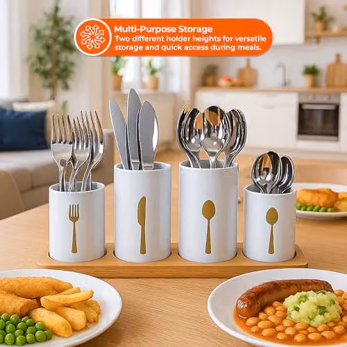 Innoteck 4-Piece White Bamboo Kitchen Cutlery Holder Set – 2