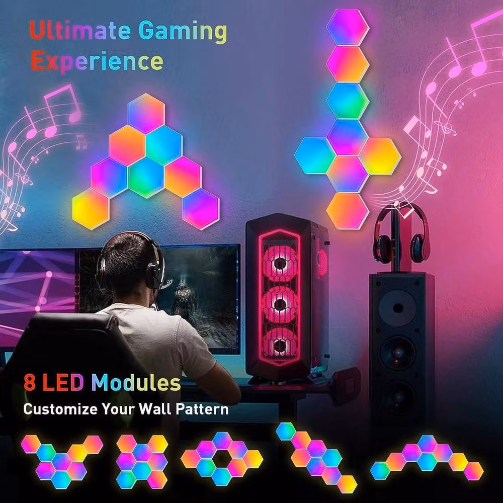 NESTLUNE 8 Pack Hexagon RGB LED Panel Lights with App and Remote Control in Multicolour – 3