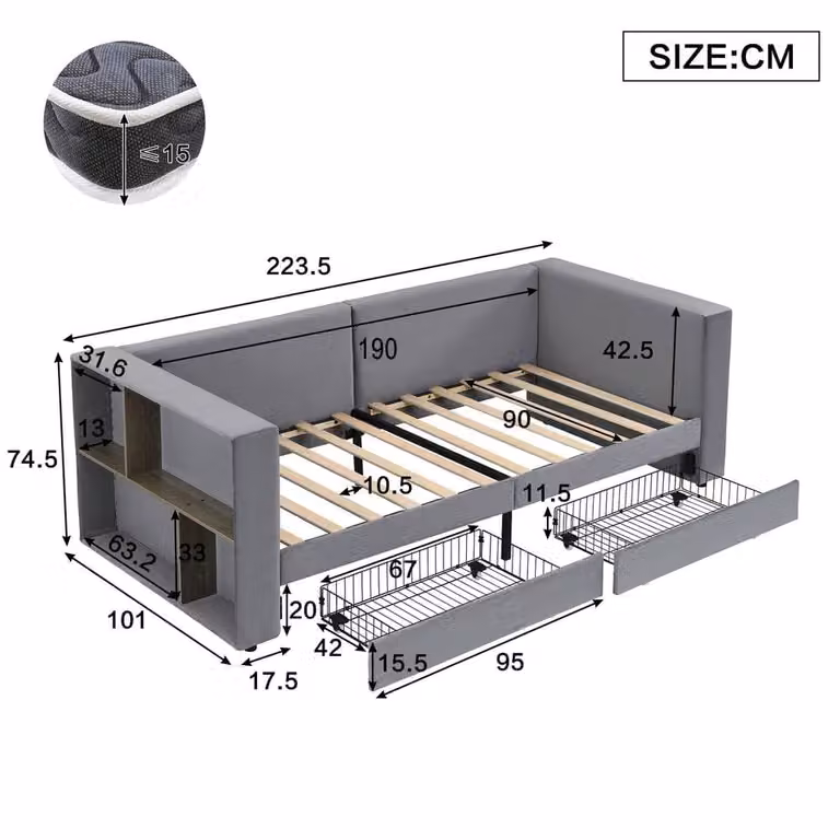 Merax Grey Velvet Single Daybed Sofa Bed with Side Storage and 2 Drawers, W/D/H: 90 x 190 x 74.5 cm