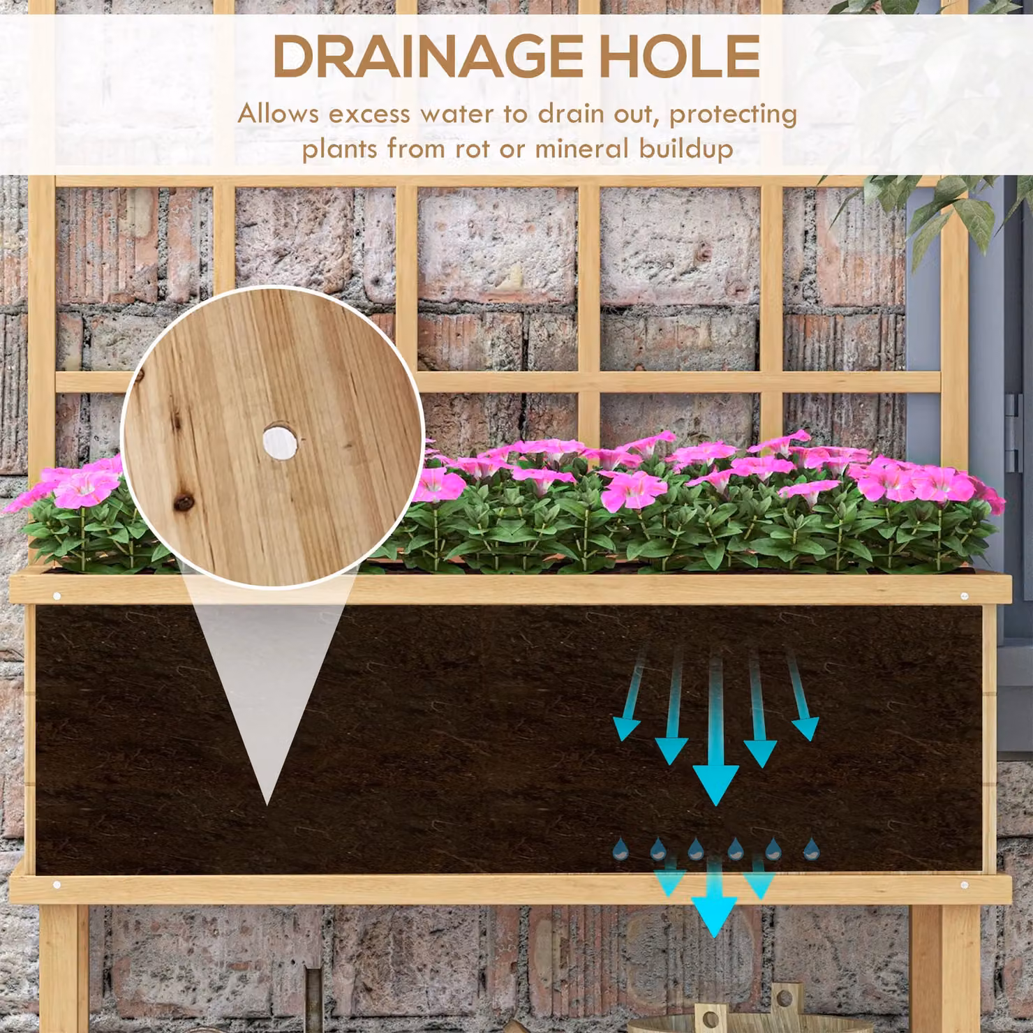 OUTSUNNY Wooden Raised Planter with Trellis and Drain Holes in Brown/Beige, W: 140 cm, D: 45 cm, H: 105 cm – 3