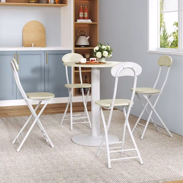 Komore White Round MDF Coffee Table and 4 Folding Chairs Set with Metal Legs