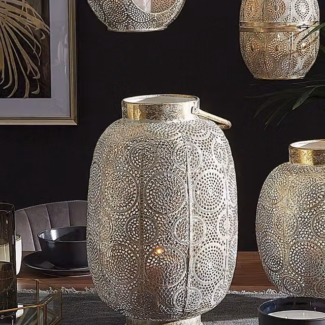 Wyld and Coco Distressed Gold Metal and Glass Geometric Tabletop Lantern, Height: 40 cm