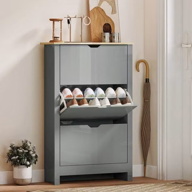 HOMCOM Modern Light Grey Shoe Storage Cabinet with 6 Shelves and 3 Drawers – 1