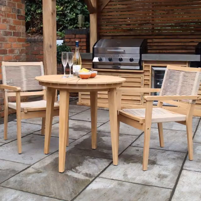 Royalcraft Roma 3 Piece Round Bistro Set in Beige with Acacia Wood Drop Leaf Table and Stacking Chairs