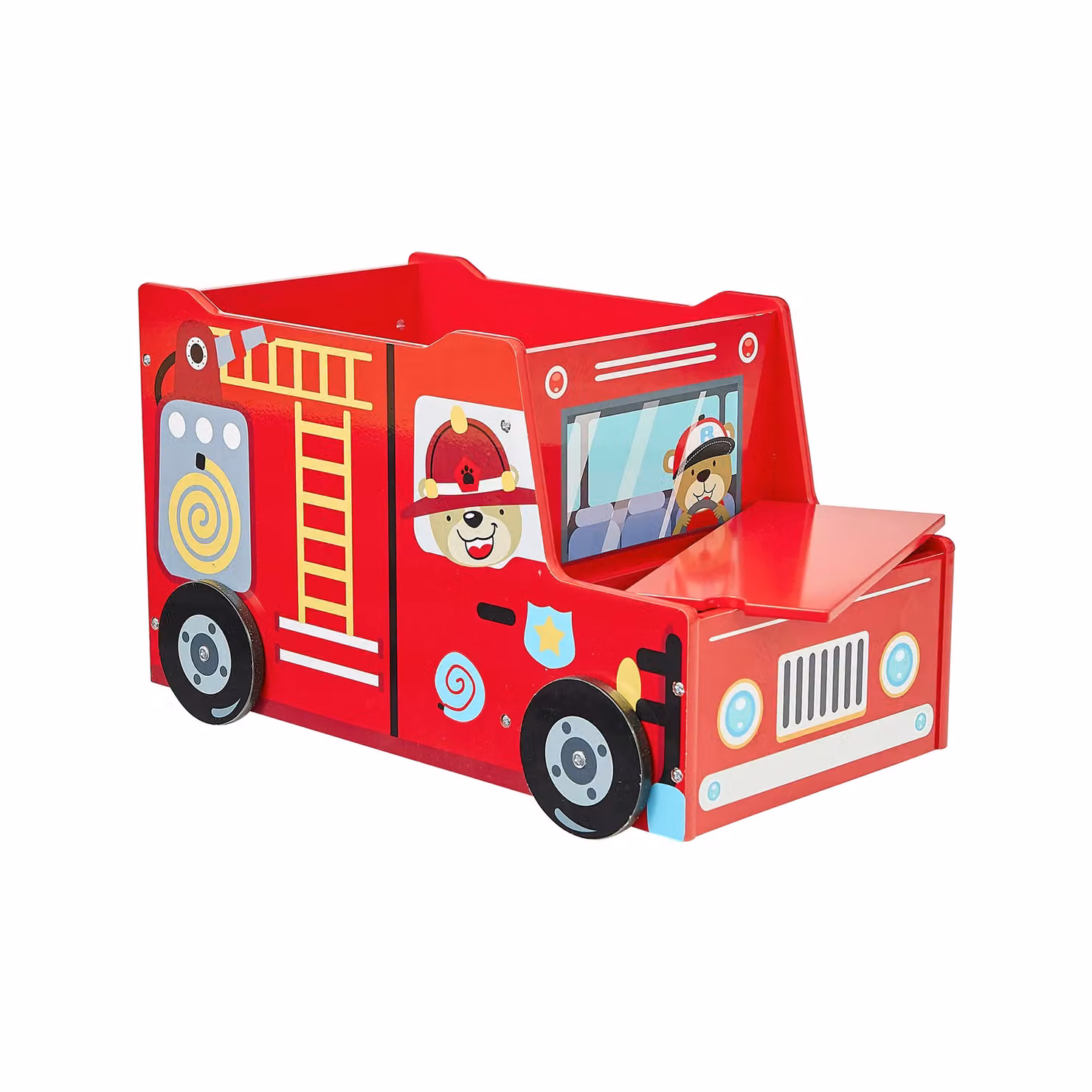 Liberty House Toys Kids Fire Engine Toy Box in Red Glossy Wood with Removable Lid – 2