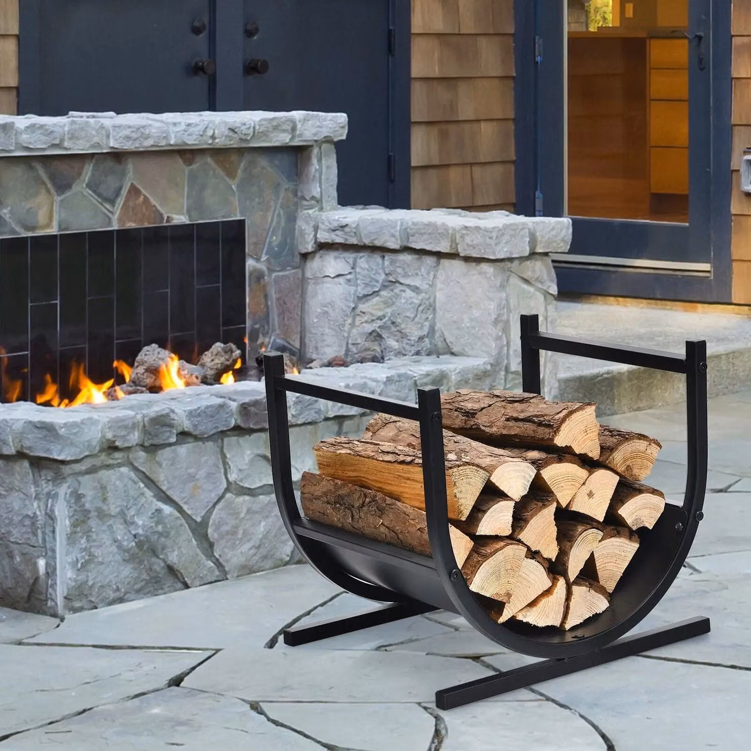 Costway U-Shaped Metal Firewood Log Rack and Wood Storage Holder in Black – 3