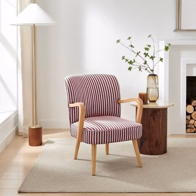 FurnitureboxUK Sylvie Mid-Century Accent Chair in Raspberry Pink Striped Fabric with Oak Effect Rubberwood Legs