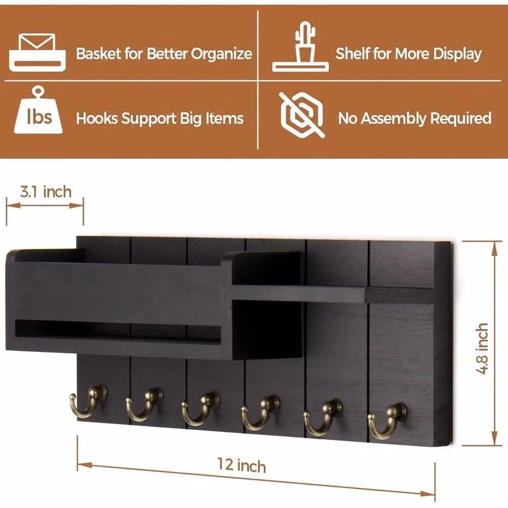 FLAVORA Black Wall Mounted Key and Letter Organiser Rack with Shelf and Hooks – 2