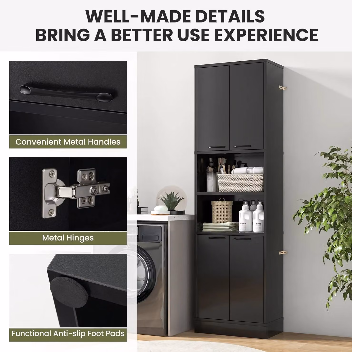 Gymax Black Freestanding Tall Kitchen Cabinet with Hinged Doors and Internal Shelves, Height: 190 cm – 4