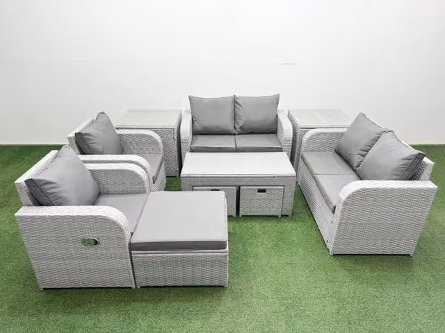 Fimous 9 Seater Rattan Garden Furniture Set in Light Grey with Oblong Coffee Table, 3 Stools and 2 Side Tables