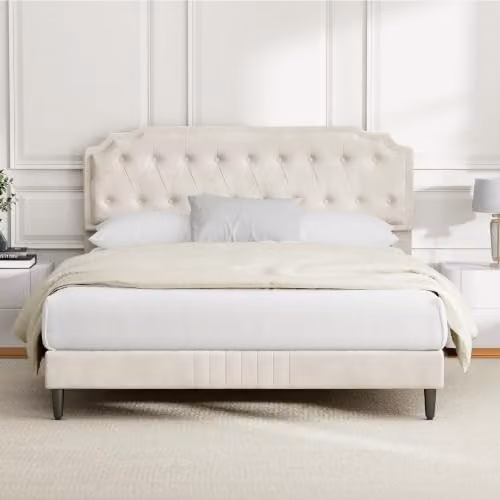 MCC Direct Chelsey Velvet Upholstered King Size Bed Frame in Beige, W/D/H: 180 x 200 x 115 cm