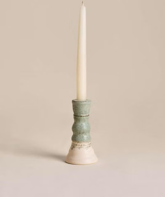 M&S Modern Round Ceramic Taper Dinner Candle Holder in Green