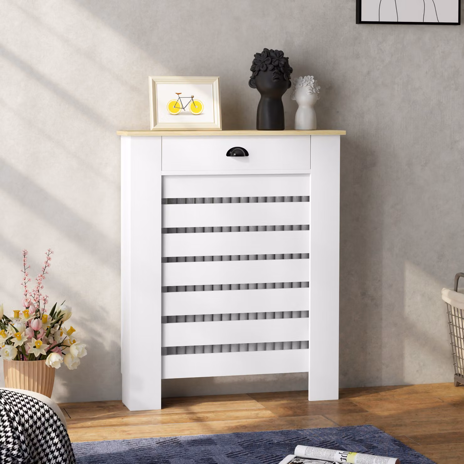 HOMCOM Radiator Cover with Drawer, White, H 95.5 x W 78 cm – 5