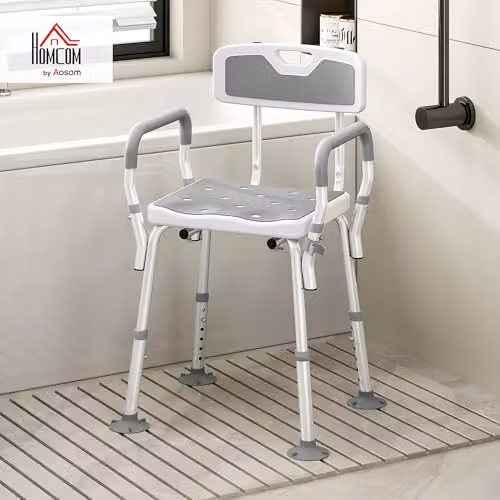 HOMCOM Padded Shower Stool with Arms and Back in Light Grey – 2
