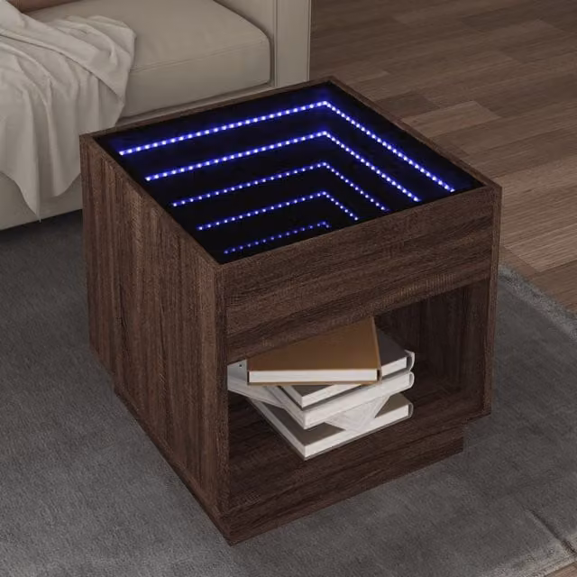 Berkfield Home Infinity LED Coffee Table in Brown Oak, W/D/H: 50 x 50 x 50 cm