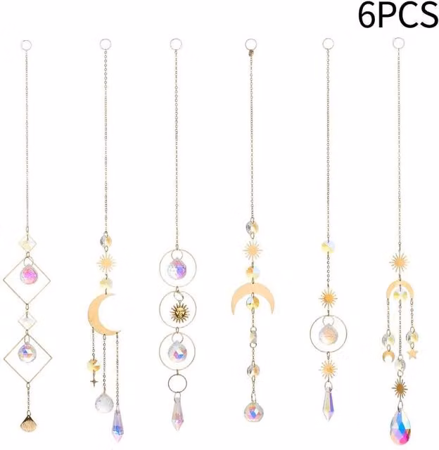 Kelvenix 6 Pack Gold and Multicolour Crystal Suncatchers with Moon, Star and Geometric Hanging Pendants – 1