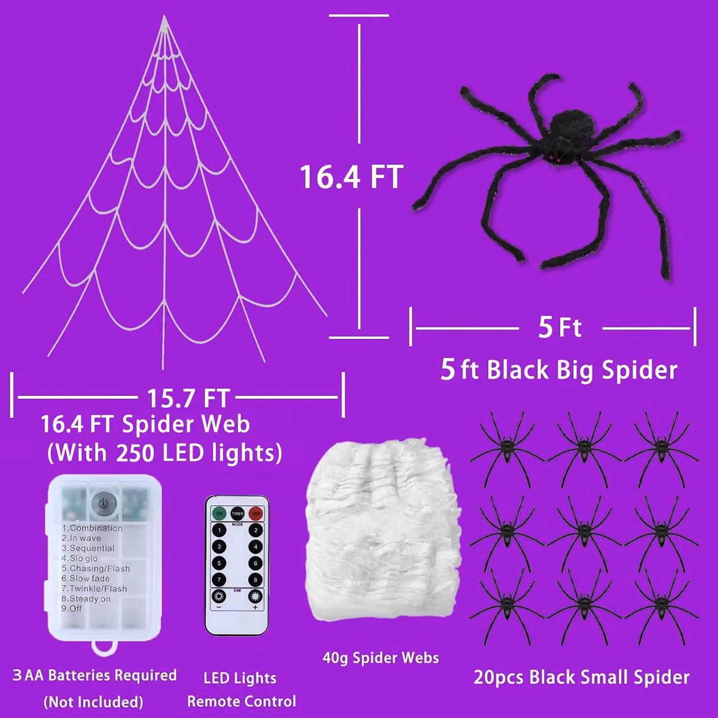Garwarm Giant Halloween Spider Web Decoration Kit with Multicolour RGB LED Lights and Remote Control – 2