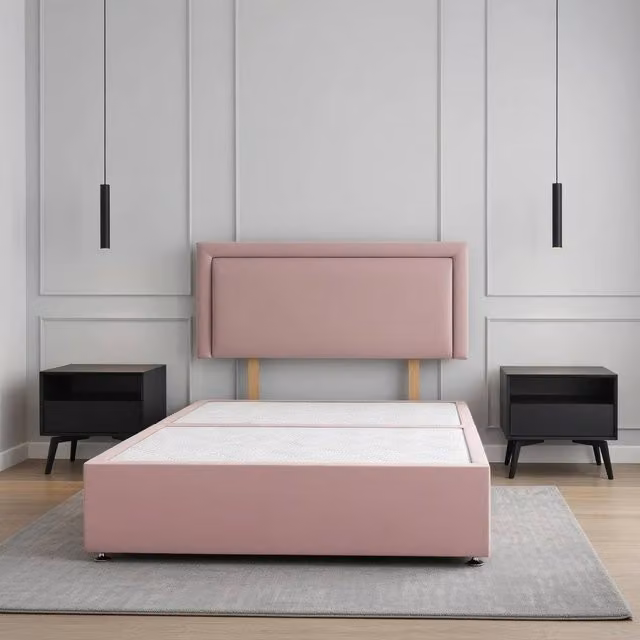 Regional Furnishings Luxury Super King Divan Bed Base with 24 inch Headboard in Pink Plush Velvet, W: 200 cm x D: 200 cm
