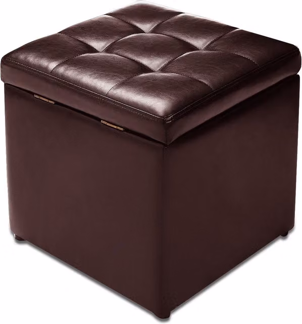 Costway Brown Synthetic Leather Upholstered Cube Ottoman Storage Stool