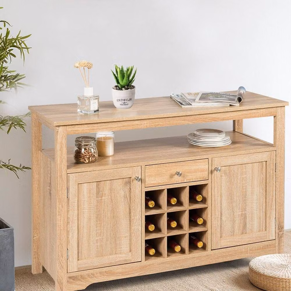 Gymax Natural Wood Farmhouse Kitchen Buffet Sideboard and Cupboard Organiser with 9 Wine Racks in Rustic Sand Beige Brown – 2
