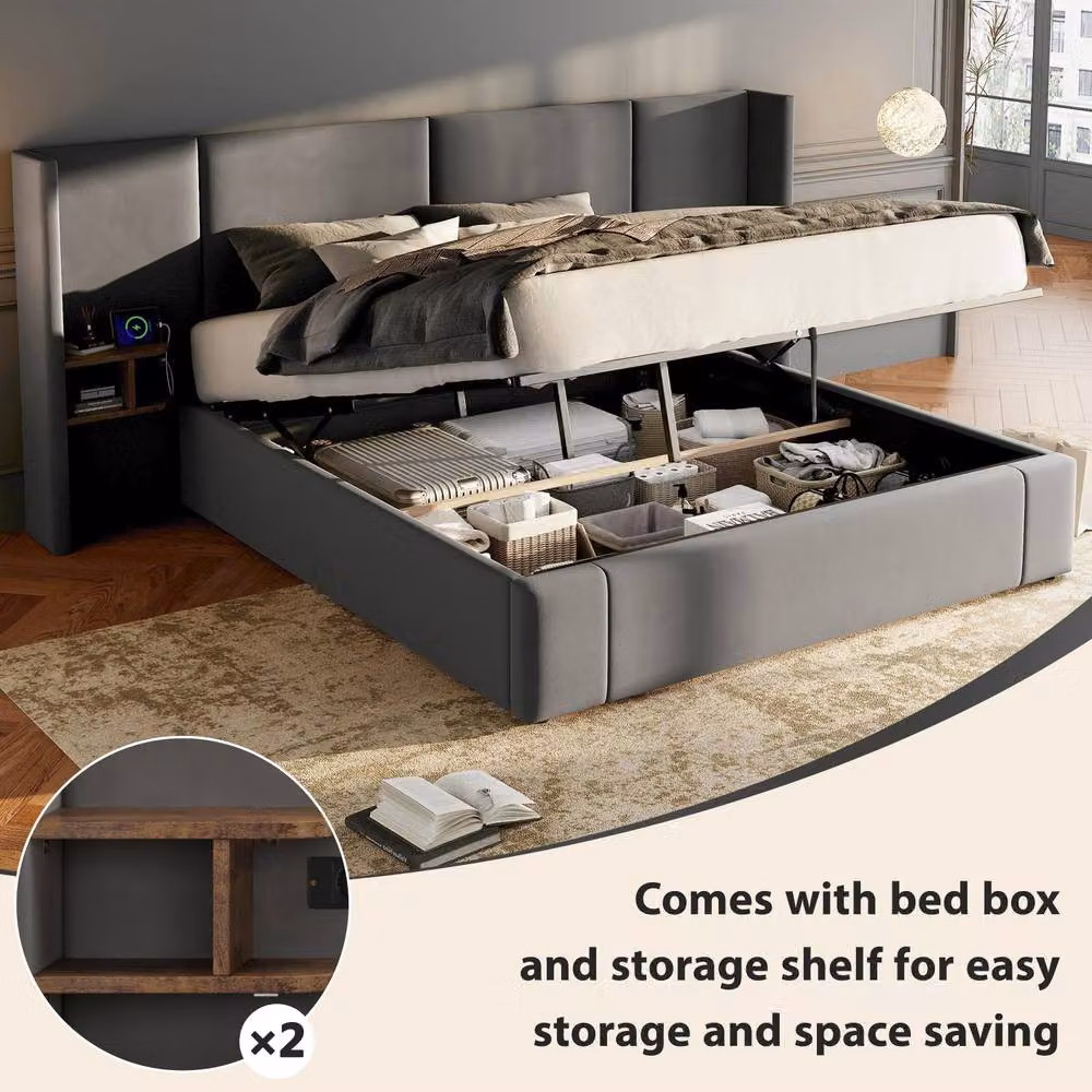 Rolipo Grey Velvet Ottoman King Size Bed Frame with Bedside Tables and USB Charging Ports – 4