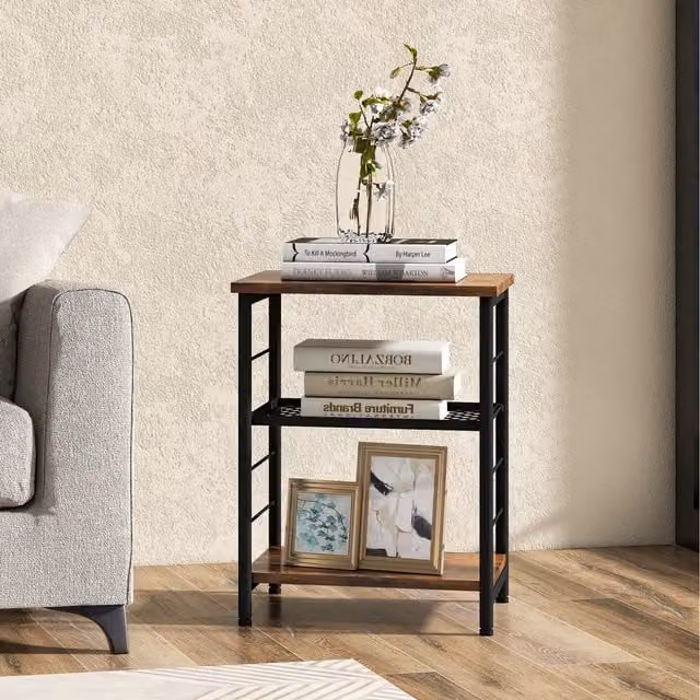 Costway Industrial End Table in Rustic Brown with Metal and Wood Construction