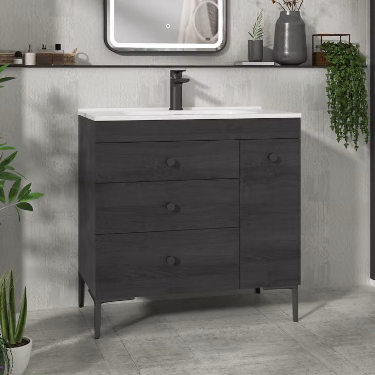 Royal Bathrooms Verona 800mm Black Woodgrain Floor Standing Vanity Unit with 3 Drawers, Side Pull Out Storage and Ceramic Basin