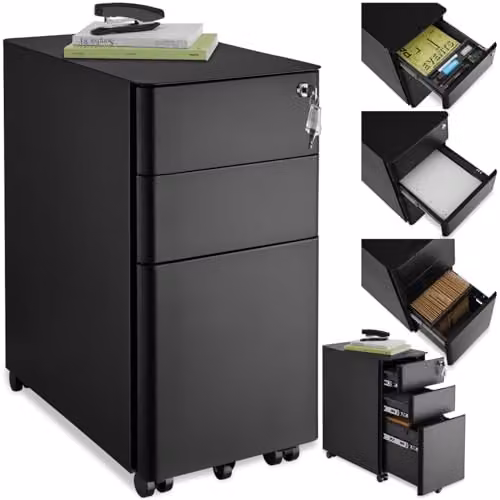 tectake Lockable Mobile Filing Cabinet in Black Steel with 2 A4 Drawers and 1 Hanging File Drawer, W/D/H: 59.5 x 50 x 59.5 cm – 1
