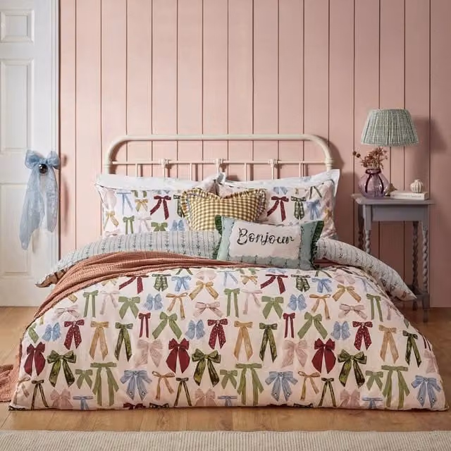 Noortje Bows Trending Reversible Silk Duvet Cover Set in Pink, Green and Blue, W: 140 cm, L: 200 cm