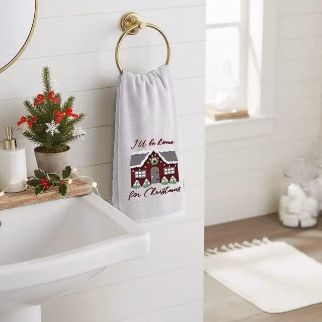 Velosso Ill Be Home 2 Pack White Cotton Christmas Hand Towels