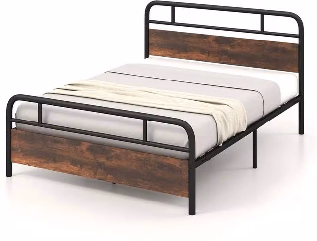 NESTLUNE Heavy Duty Industrial Metal Platform Bed Frame with Headboard in Black, Cot Size