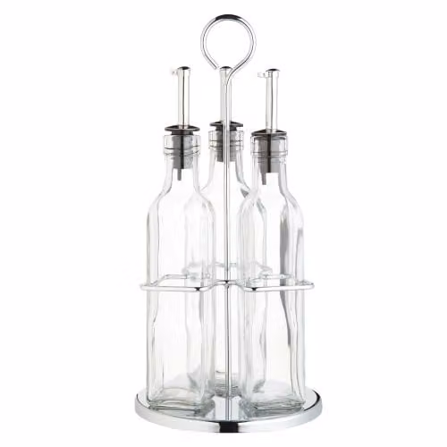 KitchenCraft World of Flavours 4 Piece Oil and Vinegar Bottle Set with Stainless Steel Stand and Glass Bottles in Transparent and Silver – 1
