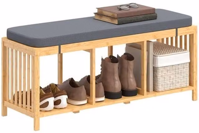NESTLUNE Bamboo Shoe Rack with Seat, Brown Wood Hallway Storage Bench – 1