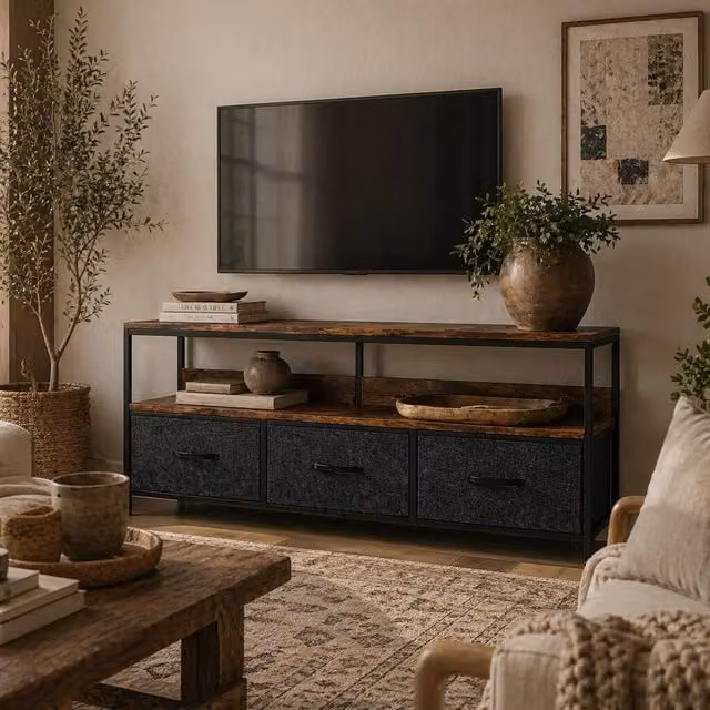 Wyld Haus Avasoro Industrial TV Storage Unit in Brown and Black with 3 Foldable Fabric Drawers, W: 120 cm, H: 56 cm, D: 29 cm – 1