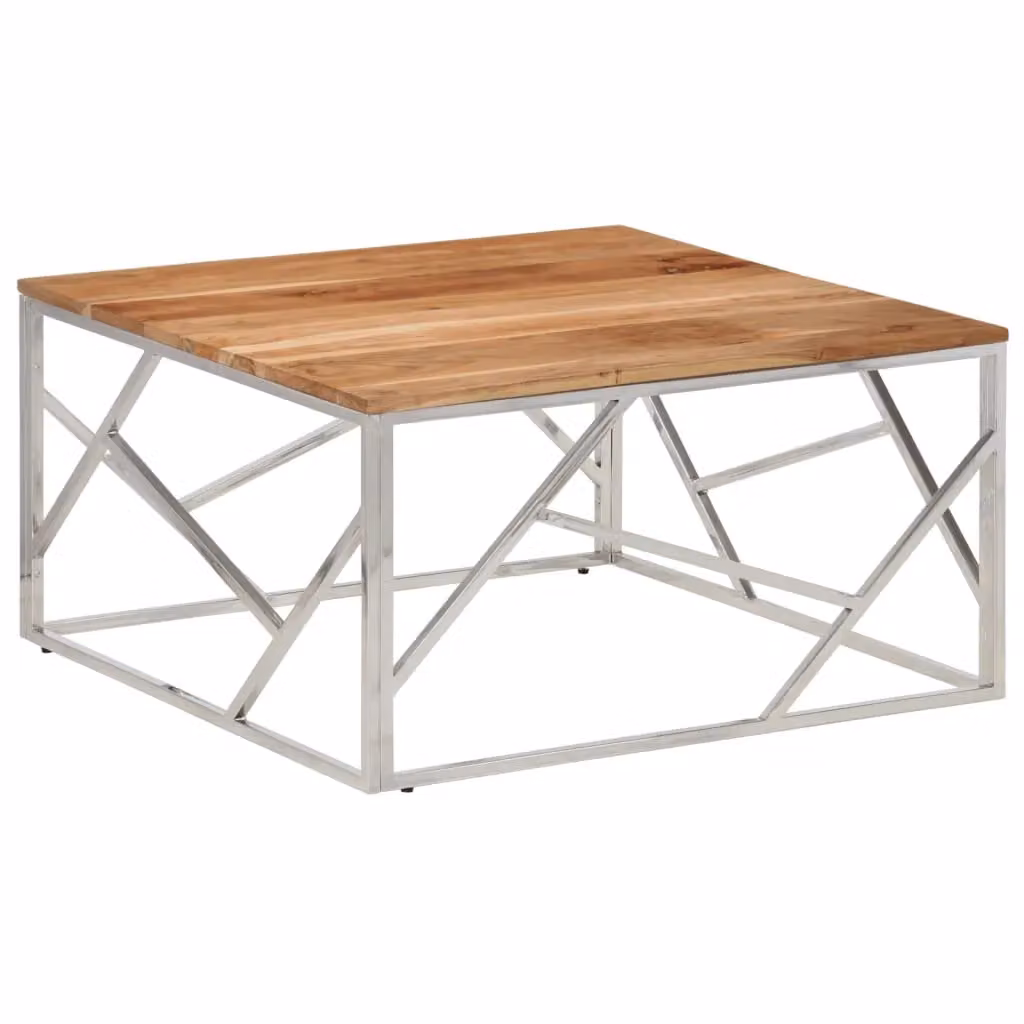 Berkfield Home Modern Rectangular Coffee Table in Silver Stainless Steel and Brown Acacia Wood – 2