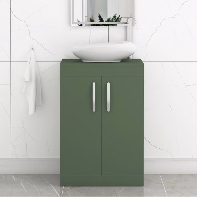 Royal Bathrooms Turin 600mm Floor Standing 2 Door Vanity Unit with Nova Countertop Basin in Matt Green and Matt Black Handles