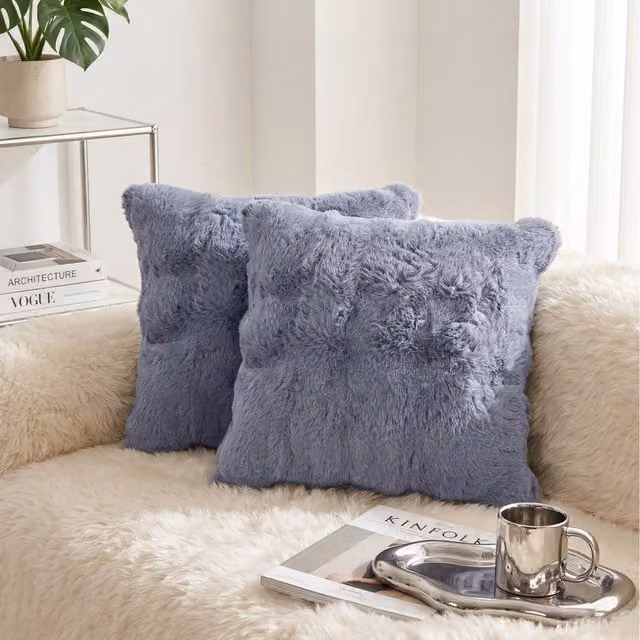Livingandhome Plain Plush Square Throw Pillow Cover, Grey, W/D/H: 45 x 45 x 45 cm