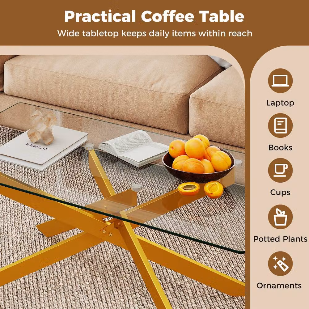 Costway Modern Rectangular Glass Coffee Table with Gold Metal Frame – 4